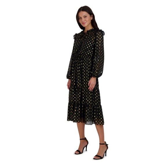 Julia Jordan Long Sleeve Ruffle Drawstring Midi Dress in Black & Gold Size 14 - Picture 4 of 11